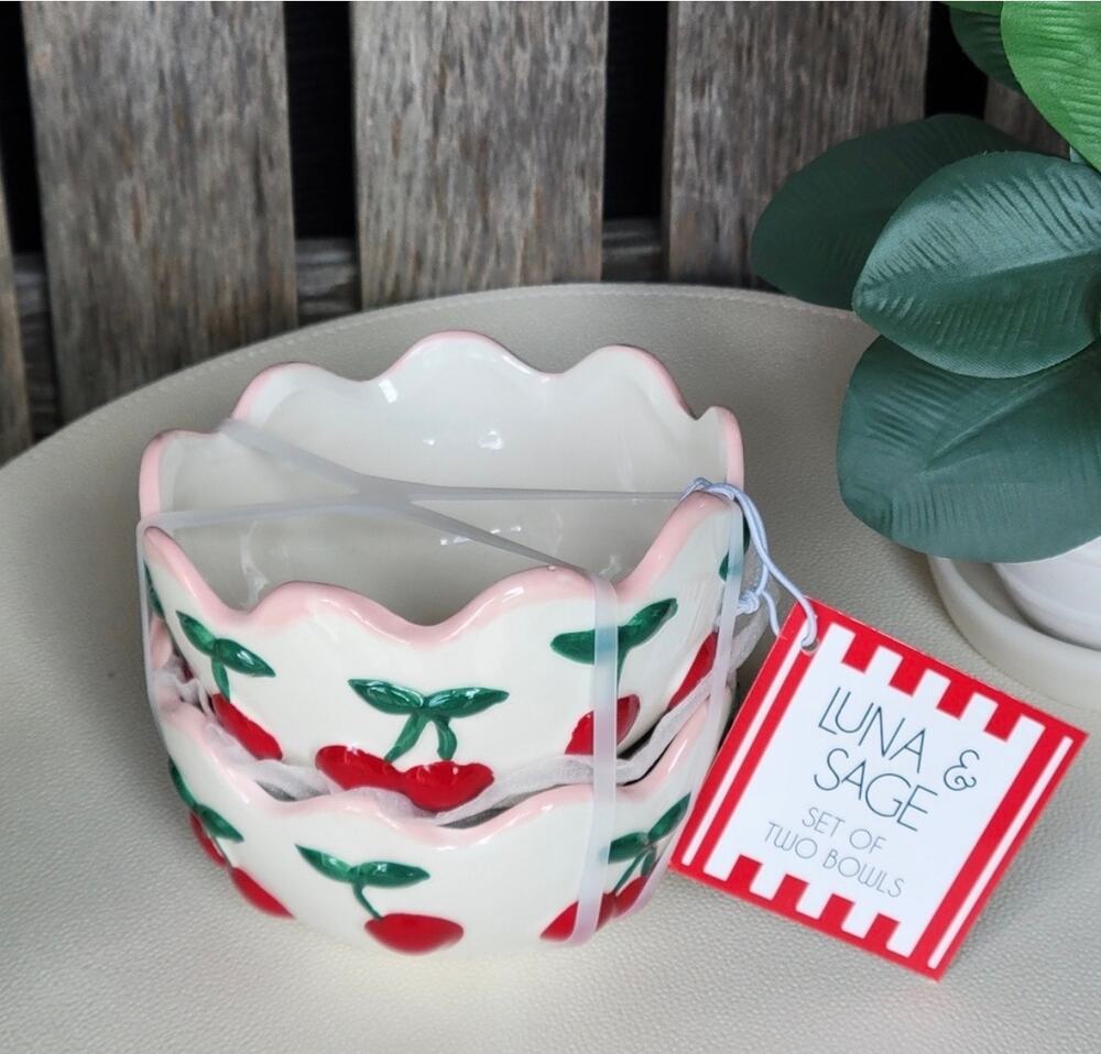 Luna & Sage Set of 2 Cherry Theme Bowls With Pink Scallop Rim NEW Kitchy Retro